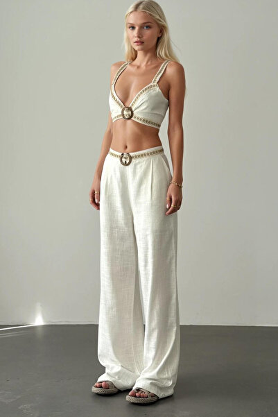 FASHION COCKTAIL Striped Double Buckle Natural Textured Linen Fabric Palazzo Trousers Back Elastic Triangle Crop Suit