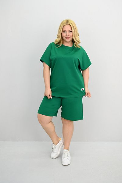 Koza Butik Women's Plus Size Short Sleeve Label Detailed Shorts Set 8194-25