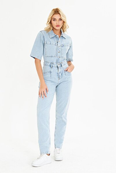 BELISTIL Ice Blue Jean Denim Half Sleeve Denim Jumpsuit