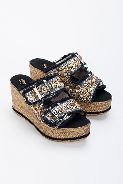 AYDOĞDU by ünal Alaçatı Stylish Wedge Sole Black Slippers - 20400