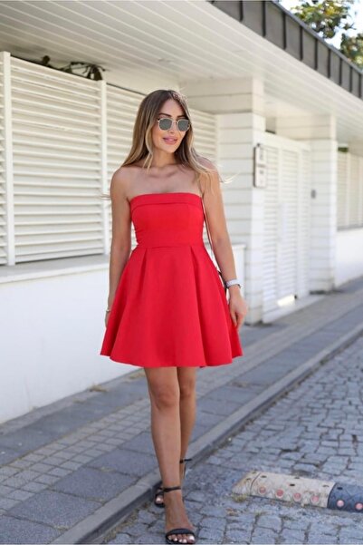 QİMYA BUTİK BUKETLİ Kadın Straplez Yaka Mini ELBİSE