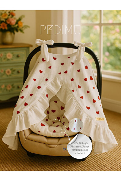 Pedimu Müslin Kalpli Fırfır Detaylı Puset Örtüsü Ve Puset Minderi Set