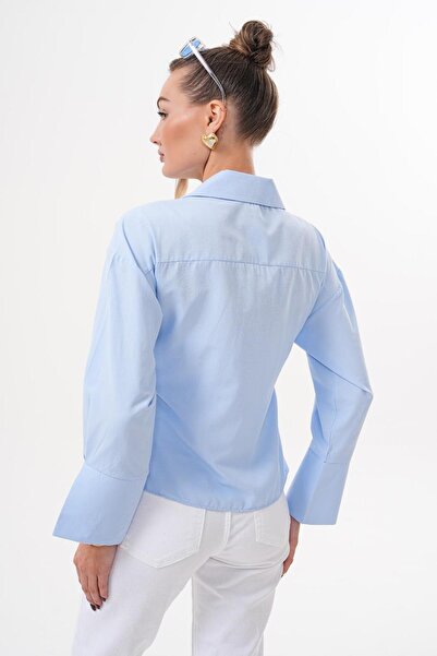 Flame İstanbul Butik Bluză albastră cu legături laterale cu două rânduri de nasturi SRP2002