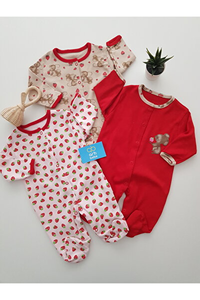 artıbebe Strawberry Patterned Long Sleeve Snap Fastener 3-Piece Baby Romper Set |   100% Cotton |   Newborn Daily Clothing