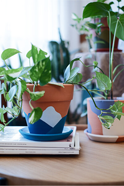 zef design store Terracotta Saksı+Tabak Mavi Konik 3 Boy (Küçük, Orta, Büyük)