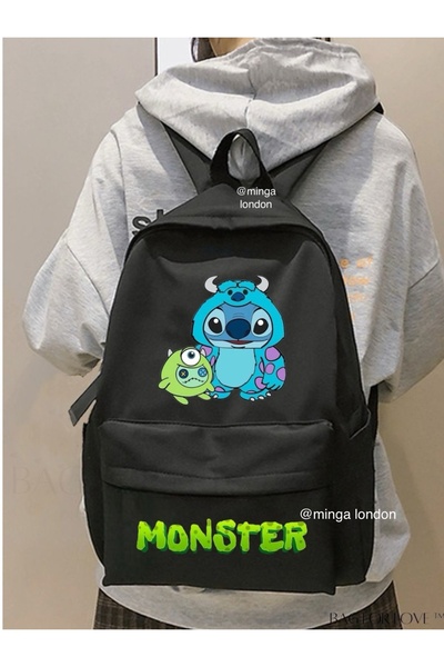 Minga London Rucsac negru cu desene animate, imprimat pentru școală, cursuri,...