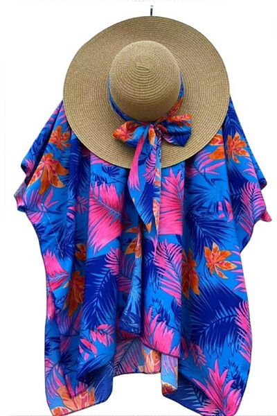 FashionForYou Set de plajă SAMY, tunică și pălărie accesorizate cu eșarfă, Bleu Jungle, mărimea S/M