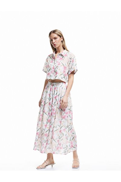 Koton Pleated Detailed High Waist Midi Flared Floral Skirt