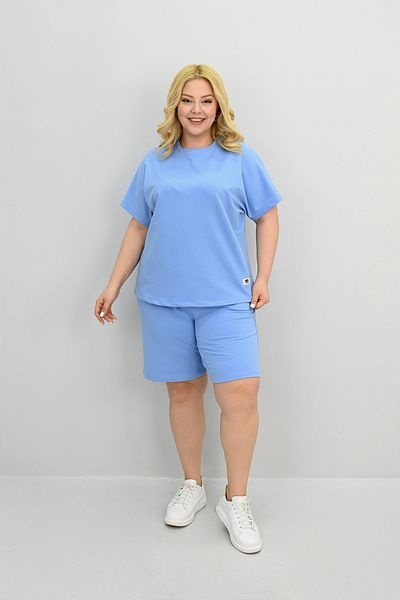 Koza Butik Women's Plus Size Short Sleeve Label Detailed Shorts Set 8194-25