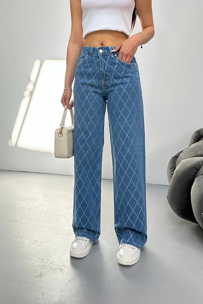 BİKELİFE Women's Dark Blue High Waist Diamond Stone Lycra Straight Jeans