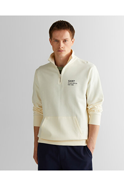 Gant Erkek Krem Regular Fit Yarım Fermuarlı Logolu Sweatshirt