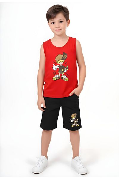FYK KİDS Boy's Printed Zero Sleeve Skateboarding Top-Bottom Suit