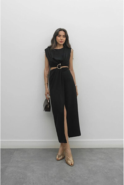 My Blog Schwarzes, seitlich tief ausgeschnittenes Kleid mit Schnalle vorne – ...