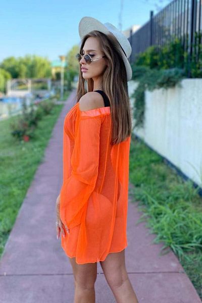 FashionForYou Floridas Mesh Dress, Long Sleeve And Loose Fit, Orange, Universal Size S/m, One Size S/m