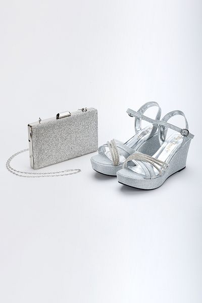 AYDOĞDU by ünal Silver Evening Dress Stone Stylish Women's Bag Shoes Combination-6000