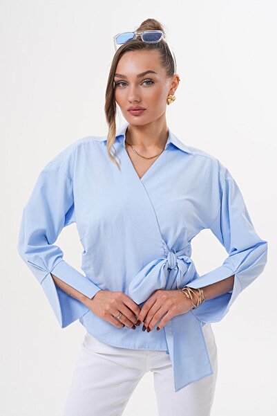 Flame İstanbul Butik Bluză albastră cu legături laterale cu două rânduri de nasturi SRP2002
