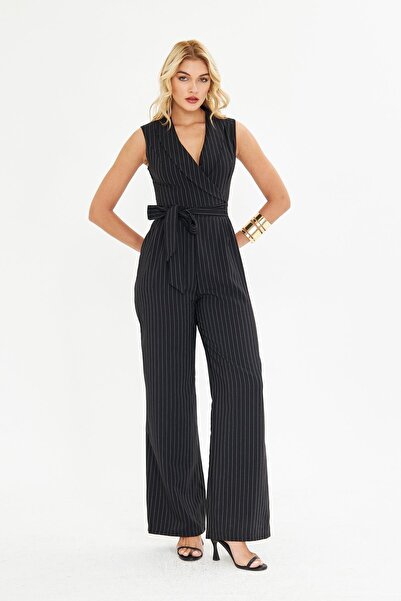 BELISTIL بذلة قماشية بحزام أسود مخطط ورقبة على شكل حرف V