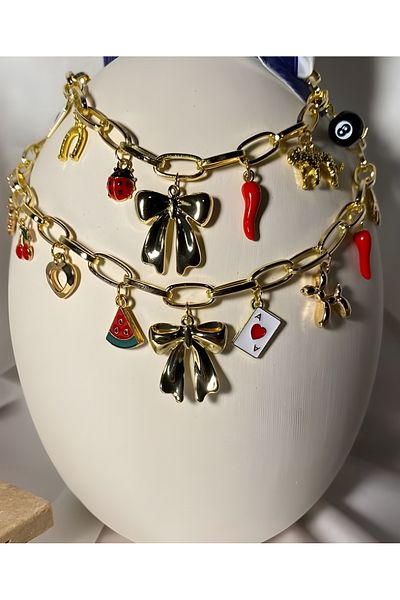 MODA Double Red Ribbon Women's Charm Necklace