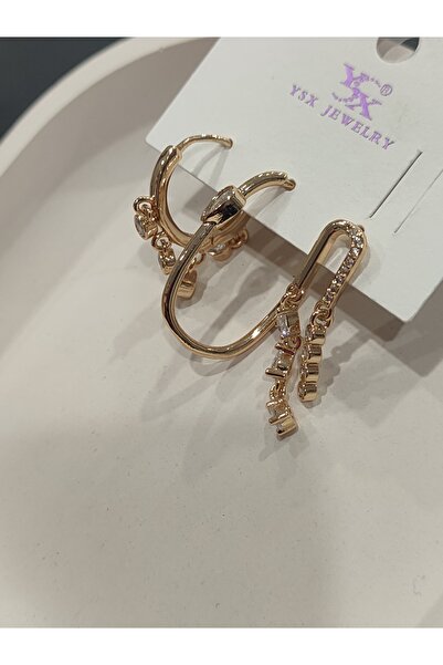 Bijutek Bijuteri Gold Taşlı - İncili - Kalp ve Kelebek Desenli Sallantılı Çoklu Metal Kadın Küpe Jewelry 2