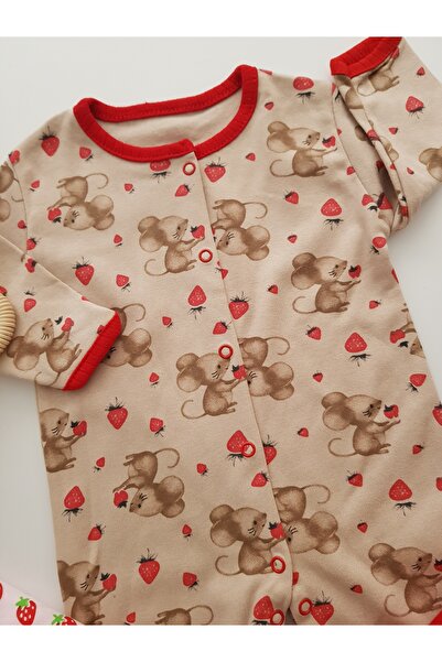 artıbebe Strawberry Patterned Long Sleeve Snap Fastener 3-Piece Baby Romper Set | 100% Cotton | Newborn Daily Clothing