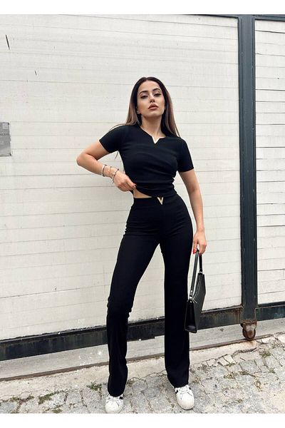LE CARAMBOLE Women's Black Ottoman Fabric V Accessory Crop Pants Bottom Top Set