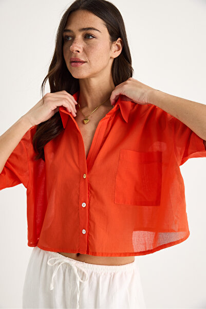 Bianco Lucci Women's V-Neck Single Pocket Detailed Short Cotton Linen Summer Shirt 232-2043 60283347