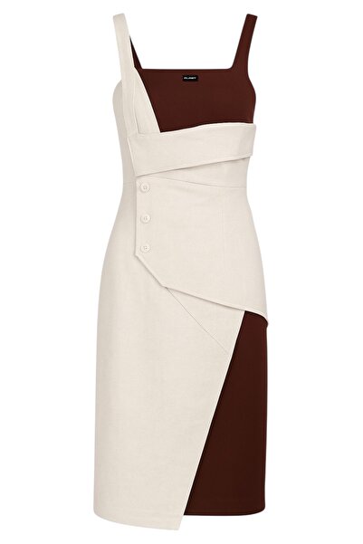 FLAST Women's Burgundy Beige Linen Asymmetrical Button Detailed Vex Pencil Mi...
