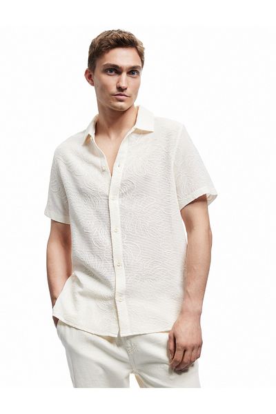 Koton Classic Collar Cotton Regular Fit Palm Embroidered Short Sleeve Textured Shirt