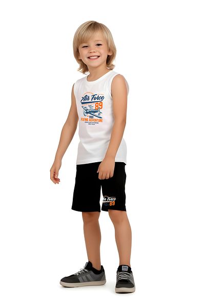 FYK KİDS Boy's Printed Zero Sleeve Air Force Top-Bottom Suit