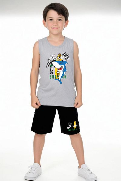FYK KİDS Boy's Printed Zero Sleeve Shark Surfing Top-Bottom Suit