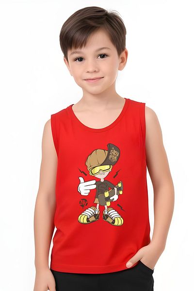 FYK KİDS Boy's Printed Zero Sleeve Skateboarding Top-Bottom Suit