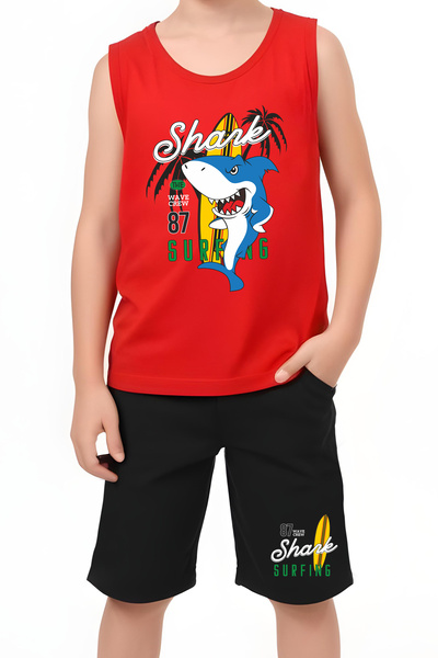 FYK KİDS Boy's Printed Zero Sleeve Shark Surfing Top-Bottom Suit