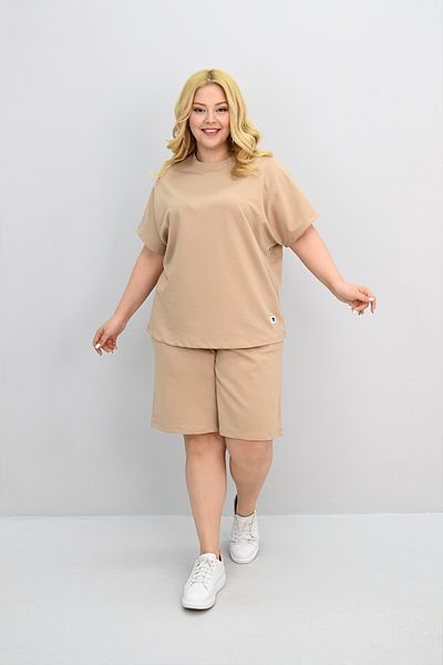 Koza Butik Women's Plus Size Short Sleeve Label Detailed Shorts Set 8194-25