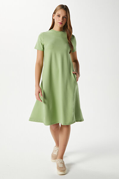 Ritnice Kadın Hanna Cepli Çan Kesim Çağla Yeşili Penye Yazlık Elbise 14266