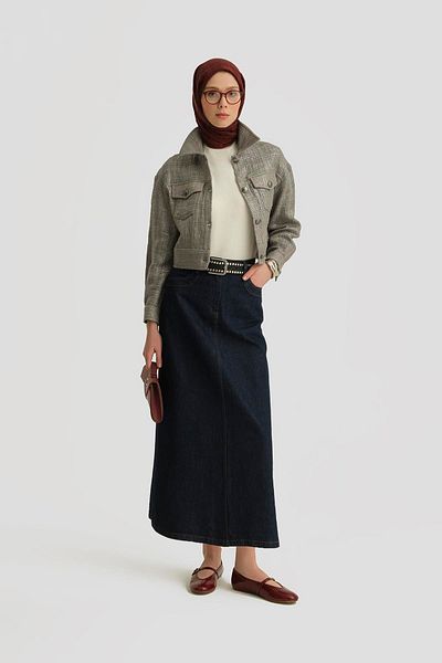 Armine Denim Skirt with Knitted Detail 25Yd9122 Dark Navy Blue