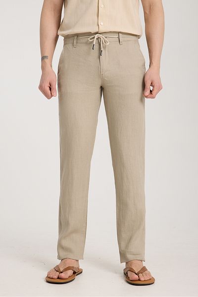 muzzo jeans Beige 100% Linen Trousers with Elastic Waist