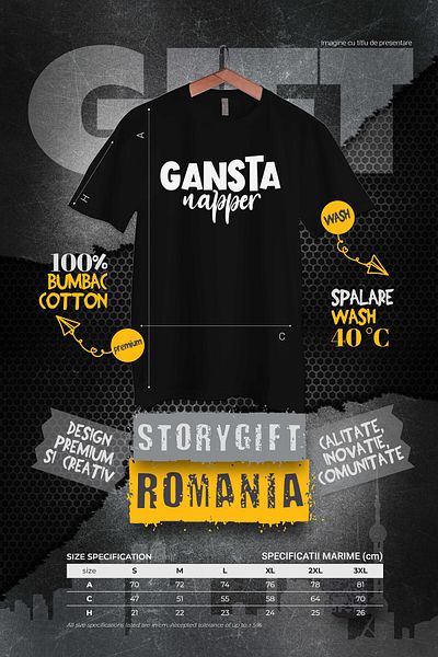 StoryGift Romania Men's T-shirt For Sleepyheads With The Message In English "gangsta Napper" With Stg Print