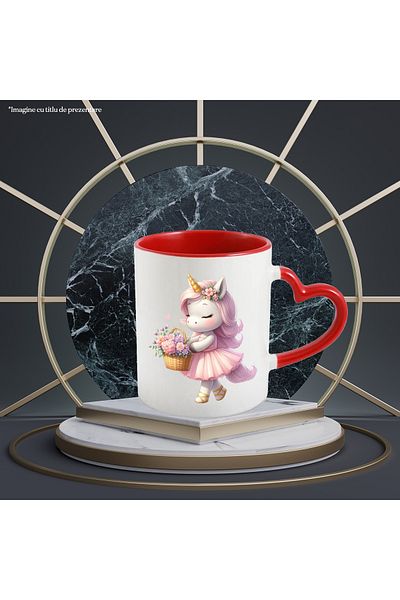 StoryGift Romania Mug with a unicorn holding a basket of flowers, illustration, heart, b dress, With ,STG