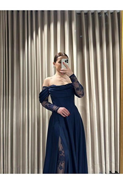 Kaleiçi Yıldızlar Lacivert Kayık Yaka Dantel Kollu Abiye Elbise 5561