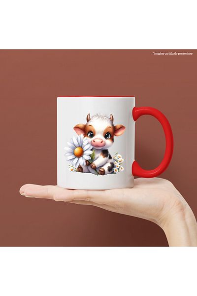 StoryGift Romania Mug with a cow holding a white flower, illustration, cheerful, happy, flower, With ,STG