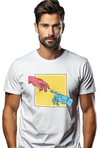 StoryGift Romania Men's T-shirt The Creation Of Adam, Robotic, With Print On The Face, 100% Cotton, White, L Stg