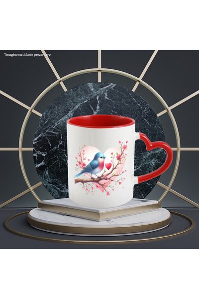 StoryGift Romania Mug with a bird sitting on a branch, illustration, hearts, love, flowers,, With ,STG