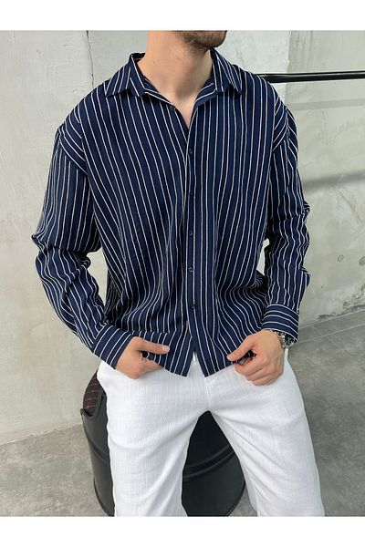 DİFRANSEL Ριγέ Modal Oversize Navy Blue πουκάμισο
