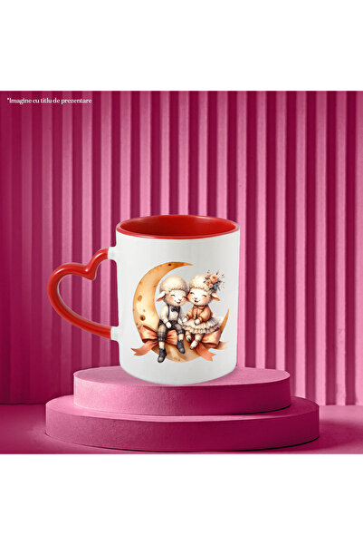 StoryGift Romania Mug with a sheep and a ram, illustration, flowers, white skirt, crescent moon, bows, a, With ,STG