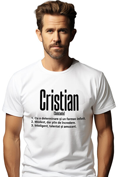 StoryGift Romania Tricou bărbătesc cu nume Cristian, Determinare, Modest, Int...