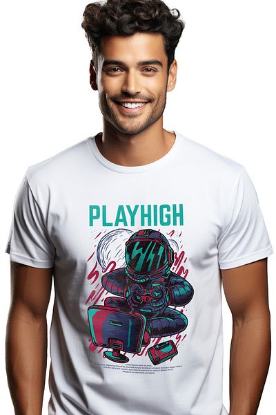 StoryGift Romania Men's T-Shirt With Man IN Astronaut Suit In Space Playing On Computer, STG Controller