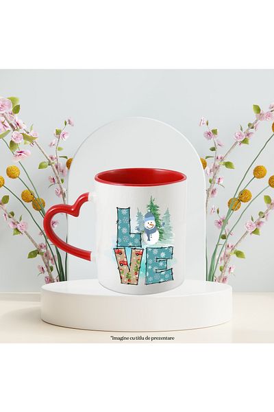 StoryGift Romania Mug with a snowman with the message "Love", tree, car, Merry Christmas, illustrious, With ,STG
