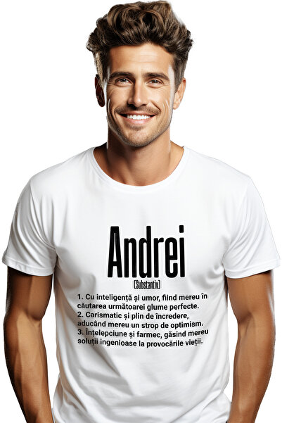 StoryGift Romania Tricou bărbătesc cu nume Andrei, Inteligență, Umor, Carisma...