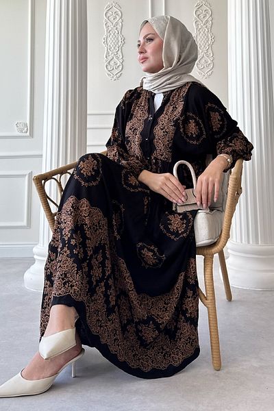 InStyle Gold Ethnic Pattern Black Viscose Dress