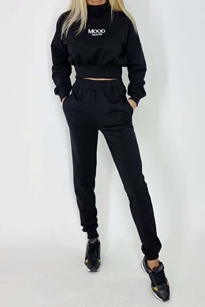 FashionForYou Compleu sport Mood, pantaloni si bluza pe gat, Negru